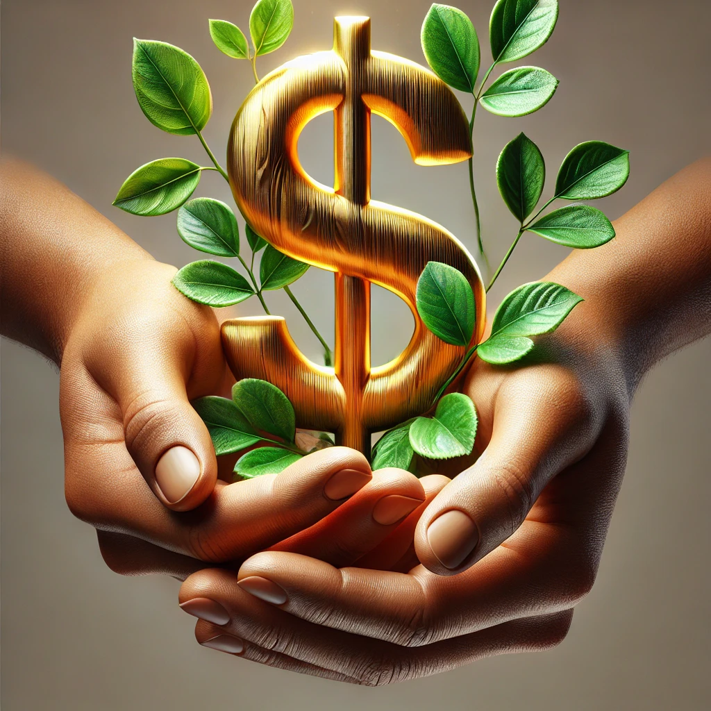dall·e 2024 12 31 13.57.13 a hyper realistic illustration of human hands carefully holding a golden dollar symbol ($), with vibrant green leaves spread underneath the hands. the
