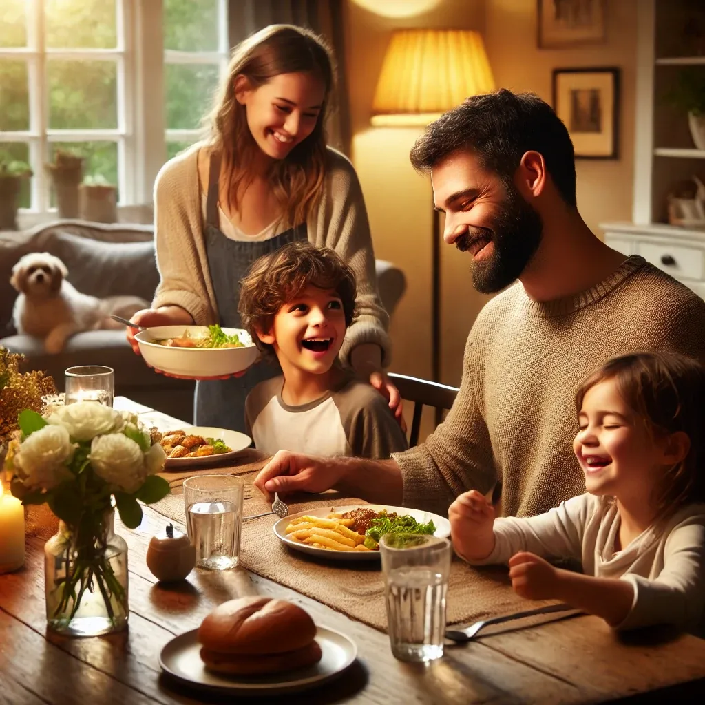 dall·e 2025 02 28 13.44.08 a loving family enjoying a peaceful meal together at a dining table. the mother is serving food to the father, who is smiling and expressing gratitude